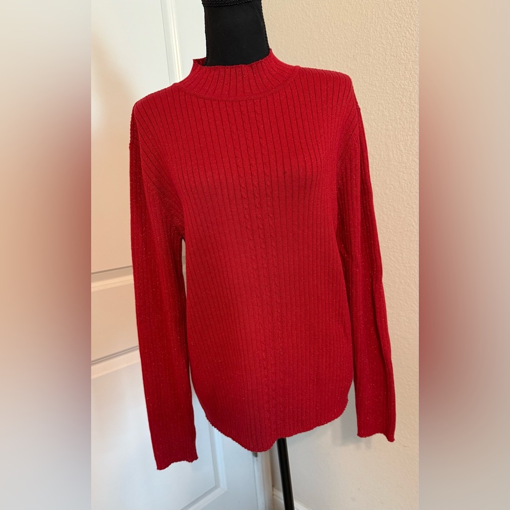 Vtg Liz Claiborne Lizsport Red/Metallic Ribbed Mock Neck Pullover Sweater Sz L